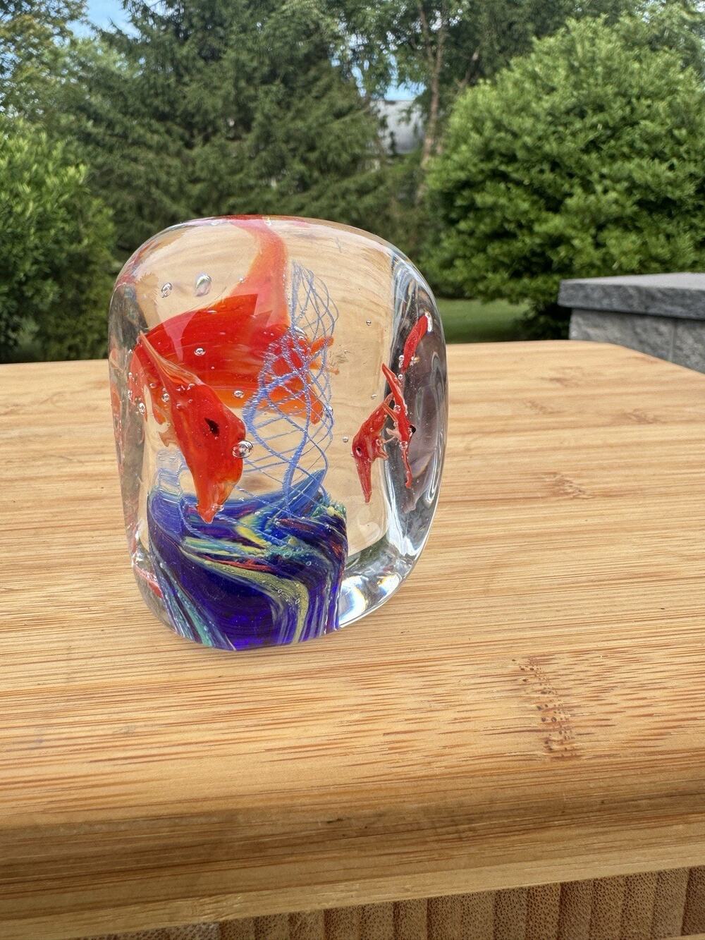 Dynasty Gallery Heirloom Collection Fish Goldfish Art Glass Square Paperweight